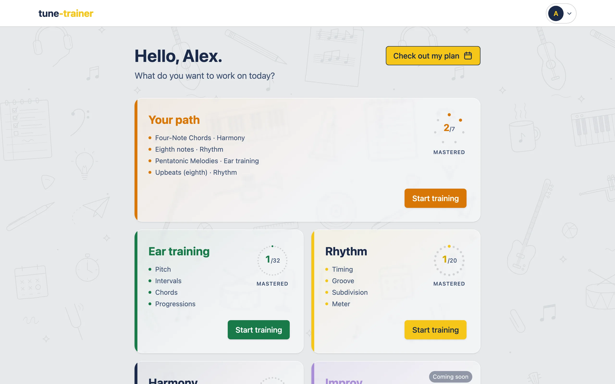 The Tune Trainer home: a greeting, the practice plan, the path's next steps and the three training modules with their progress rings.